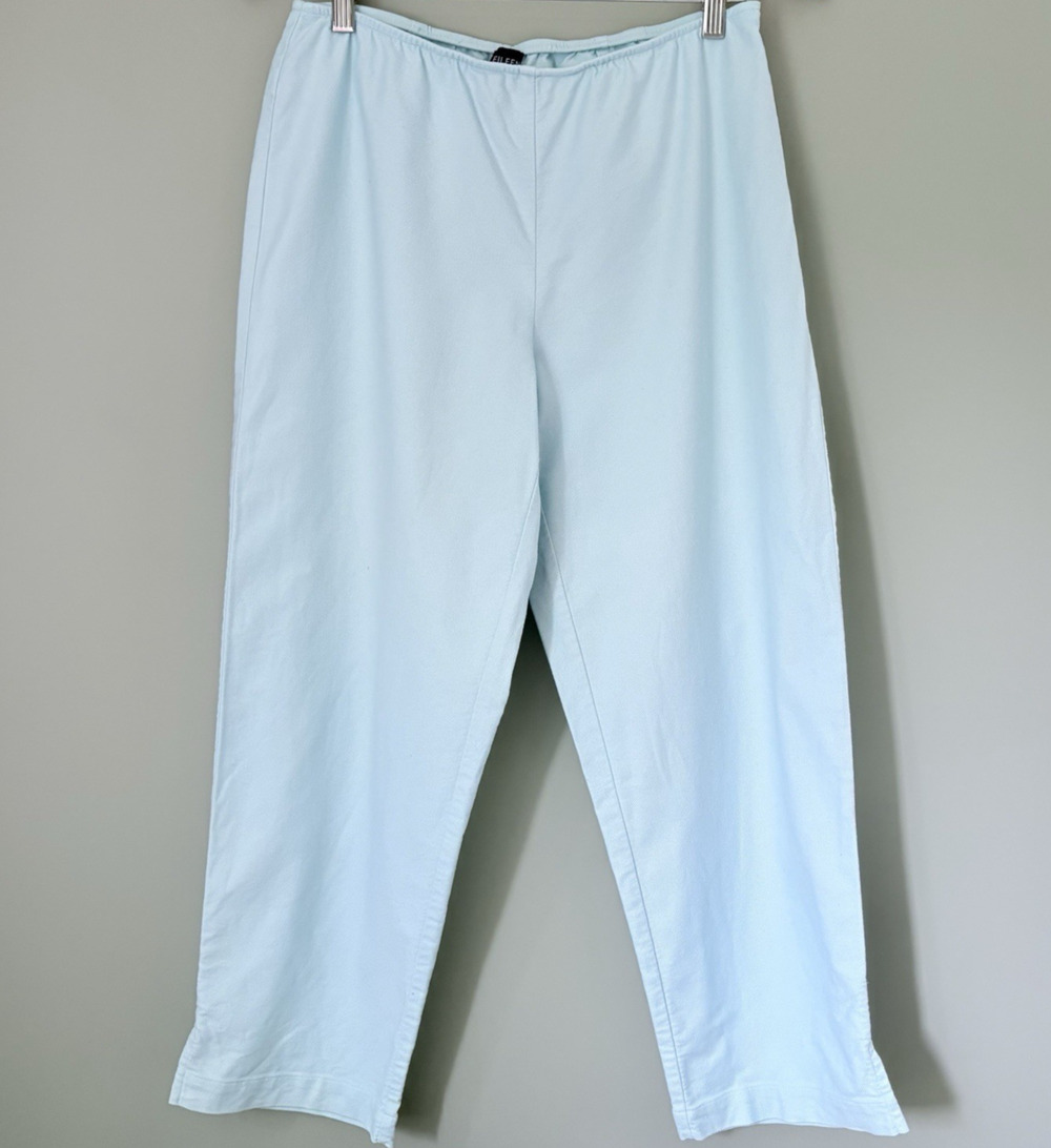 Eileen Fisher Aqua Blue Cotton Cropped Straight Ankle Pant Side Zip Coastal M